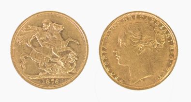 VICTORIAN 1876 GOLD FULL SOVEREIGN, young head and St George inverted, Melbourne mint, (EF)