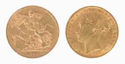 VICTORIAN 1886 GOLD FULL SOVEREIGN, young head and St George inverted, Melbourne mint, (EF)