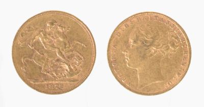 VICTORIAN 1872 GOLD FULL SOVEREIGN, young head and St George. inverted, horse with long tail (VF)