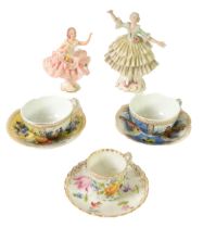 TWO DRESDEN CHINA SMALL CABINET CUPS AND SAUCERS FINISHED IN ALTERNATE PANELS WITH FIGURES AND