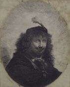 AFTER REMBRANDT ETCHING Man in feather-plumed fur cap oval, bearing signature & date 1634 5" x 4" (