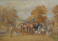 ATTRIBUTED TO JOHN ATKINSON (1863-1924) WATERCOLOUR Landscape with figures, horses and hounds Fox