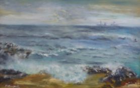M CAMPBELL (TWENTIETH CENTURY) OIL ON BOARD Coastal scene with cargo ship in the distance Signed 15”