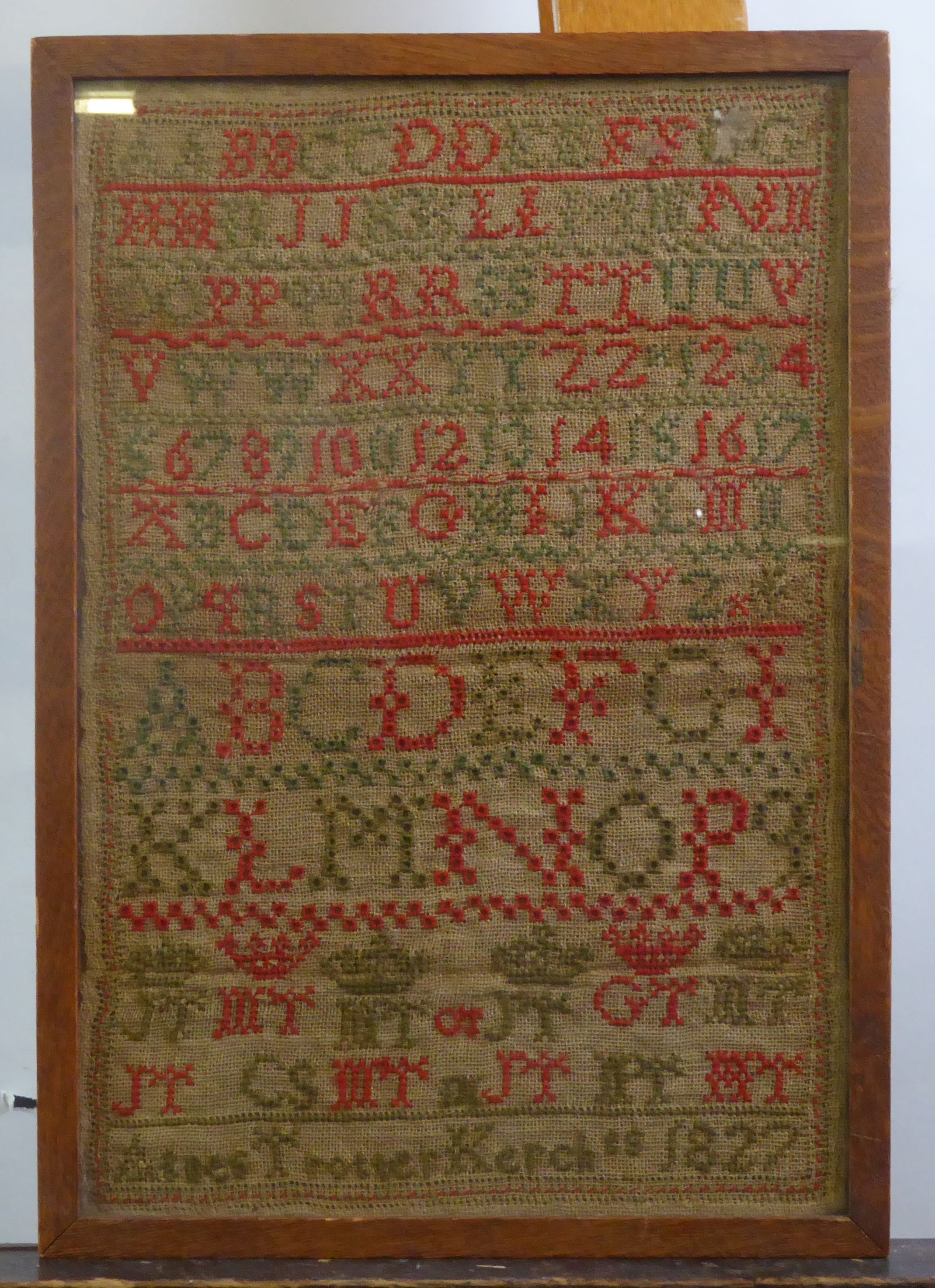 NINETEENTH CENTURY ALPHABET SAMPLER BY AGNES TROTTER KERCH, 1827 13 ¼” X 9” (33.7cm x 22.9cm) MODERN