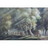 G.D. PAULRAJ (1914 - 1989) WATERCOLOUR DRAWING Road through banyan trees with column of bullock