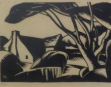 JOHN GORDON MACDONALD (1909-1942) LIMITED EDITION LINO CUT Cottage in a landscape Initialled in