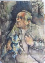 UNATTRIBUTED (TWENTIETH/ TWENTY FIRST CENTURY) WATERCOLOUR Portrait of a man with white dog Unsigned