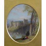 BRITISH SCHOOL (NINETEENTH CENTURY) OIL PAINTING ON BOARD, OVAL 'Chepstow Castle, South Wales'