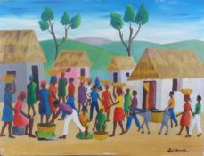 CLAIR(?) JEUNE (TWENTIETH/ TWENTY FIRST CENTURY HAITIAN SCHOOL) OIL ON BOARD Village scene with