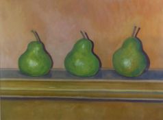LORRAINE BAMPTON (1946-2019) MIXED MEDIA Still Life - Three Pears on a Shelf Attributed verso