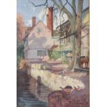 A. RON CARMICHAEL (EARLY TWENTIETH CENTURY) WATERCOLOUR Riverside scene with houses and horse