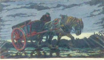 HAYDN REYNOLDS MACKEY (1883-1979) ARTIST SIGNED LINO CUT IN COLOURS ‘Homeward Plods his Weary Way’