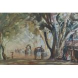 G.D. PAULRAJ (1914 - 1989) WATERCOLOUR DRAWING Indian street lined with banyan trees and busy with