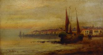 J MILLER (LATE NINETEENTH CENTURY) OIL PAINTING ON BOARD Coastal harbour town with beached fishing