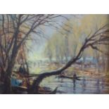THOMAS PATRICK KEATING (1917-1984) OIL PAINTING ON CANVAS River landscape with figures Signed