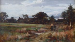 UNATTRIBUTED (NINETEENTH CENTURY) OIL ON BOARD Figures on a country path with buildings in the