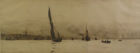 WILLIAM LIONEL WYLLIE R A ETCHING 'Off Gravesend' Unsigned, named and titled on a cutting pasted