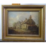 UNATTRIBUTED (NINETEENTH CENTURY BRITISH SCHOOL) OIL ON BOARD Figure outside a thatched cottage