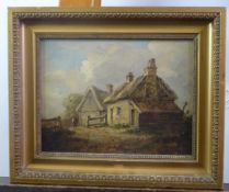 UNATTRIBUTED (NINETEENTH CENTURY BRITISH SCHOOL) OIL ON BOARD Figure outside a thatched cottage