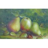 K C J (EARLY TWENTIETH CENTURY) OIL ON CARD Still Life- pears on a mossy bank Initialled 7 ½” x