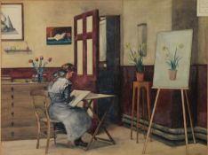 JOHN ASHCROFT (EARLY TWENTIETH CENTURY) WATERCOLOUR Female student seated in a classroom drawing a