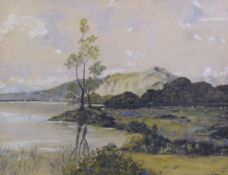 UNATTRIBUTED (EARLY TWENTIETH CENTURY) WATERCOLOUR Lake scene with hills in the distance