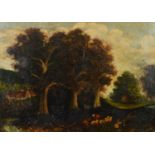 UNATTRIBUTED (EIGHTEENTH CENTURY) OIL PAINTING, behind glass Rural landscape with trees, cattle