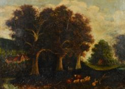 UNATTRIBUTED (EIGHTEENTH CENTURY) OIL PAINTING, behind glass Rural landscape with trees, cattle