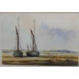 WALTER CULLEN WATERCOLOUR DRAWING Barges beached by the river Orwell, Suffolk Signed and dated (