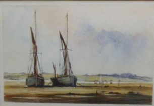 WALTER CULLEN WATERCOLOUR DRAWING Barges beached by the river Orwell, Suffolk Signed and dated (