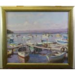 J or T STEVENSON (TWENTIETH/ TWENTY FIRST CENTURY) OIL ON BOARD Marina scene with moored small boats