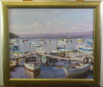 J or T STEVENSON (TWENTIETH/ TWENTY FIRST CENTURY) OIL ON BOARD Marina scene with moored small boats