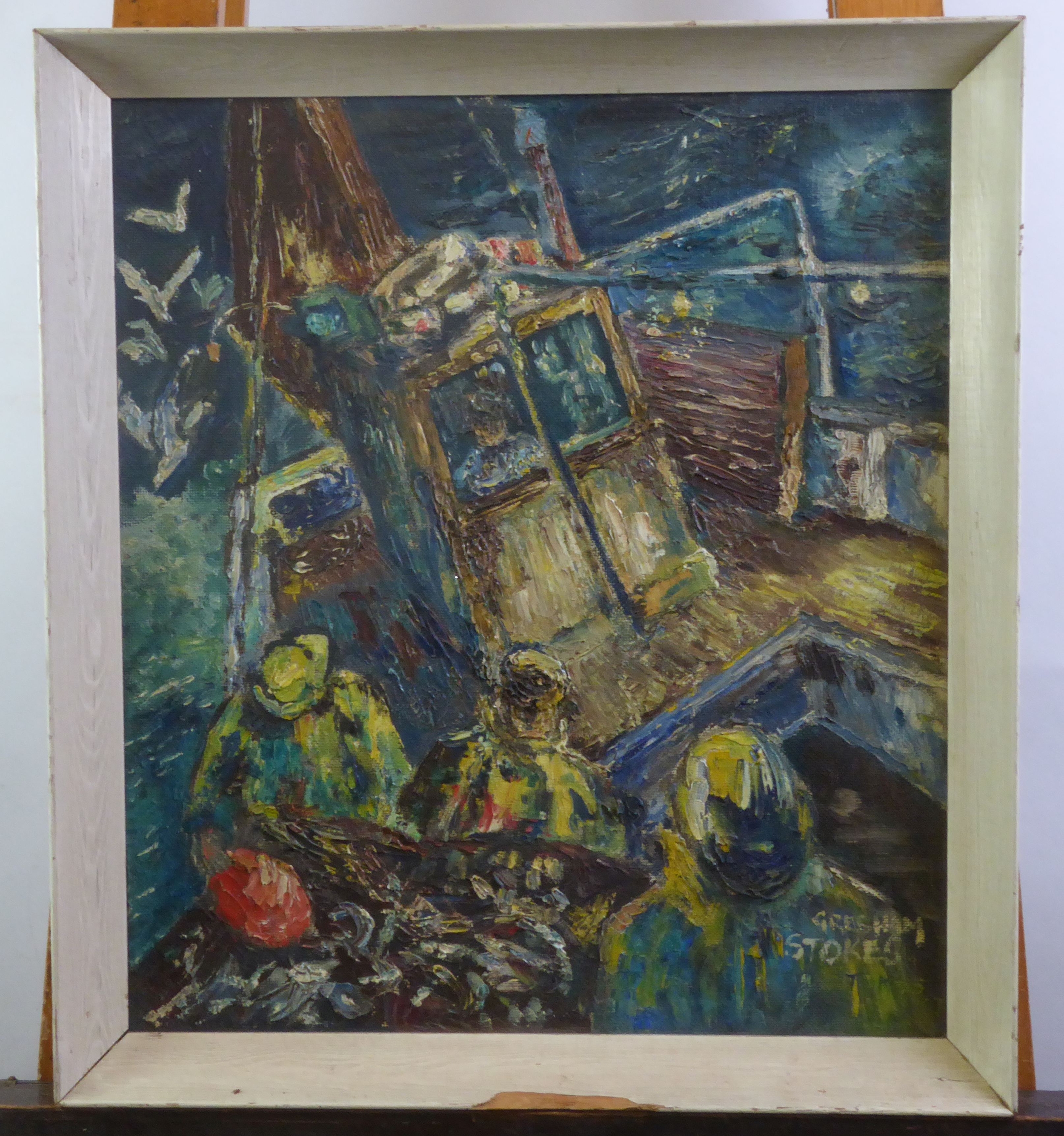 GRESHAM STOKES (TWENTIETH/ TWENTY FIRST CENTURY) OIL ON BOARD ‘Our Daddy Pilcharding’ Signed, titled - Image 2 of 2