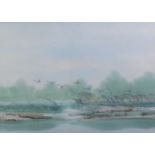 20th CENTURY CHINESE SCHOOL VU SAN (TEHRAN) TWO WATERCOLOUR DRAWINGS Lake scene in winter with