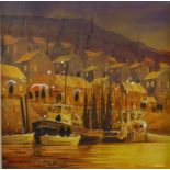 PETER J RODGERS (MODERN) WATERCOLOUR ‘Quayside Reflections, Newcastle’ Signed, titled to gallery