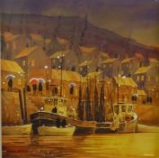 PETER J RODGERS (MODERN) WATERCOLOUR ‘Quayside Reflections, Newcastle’ Signed, titled to gallery