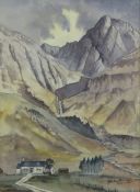 BRIAN MULLINS (TWENTIETH CENTURY) WATERCOLOUR View of Mountains with a house In the foreground