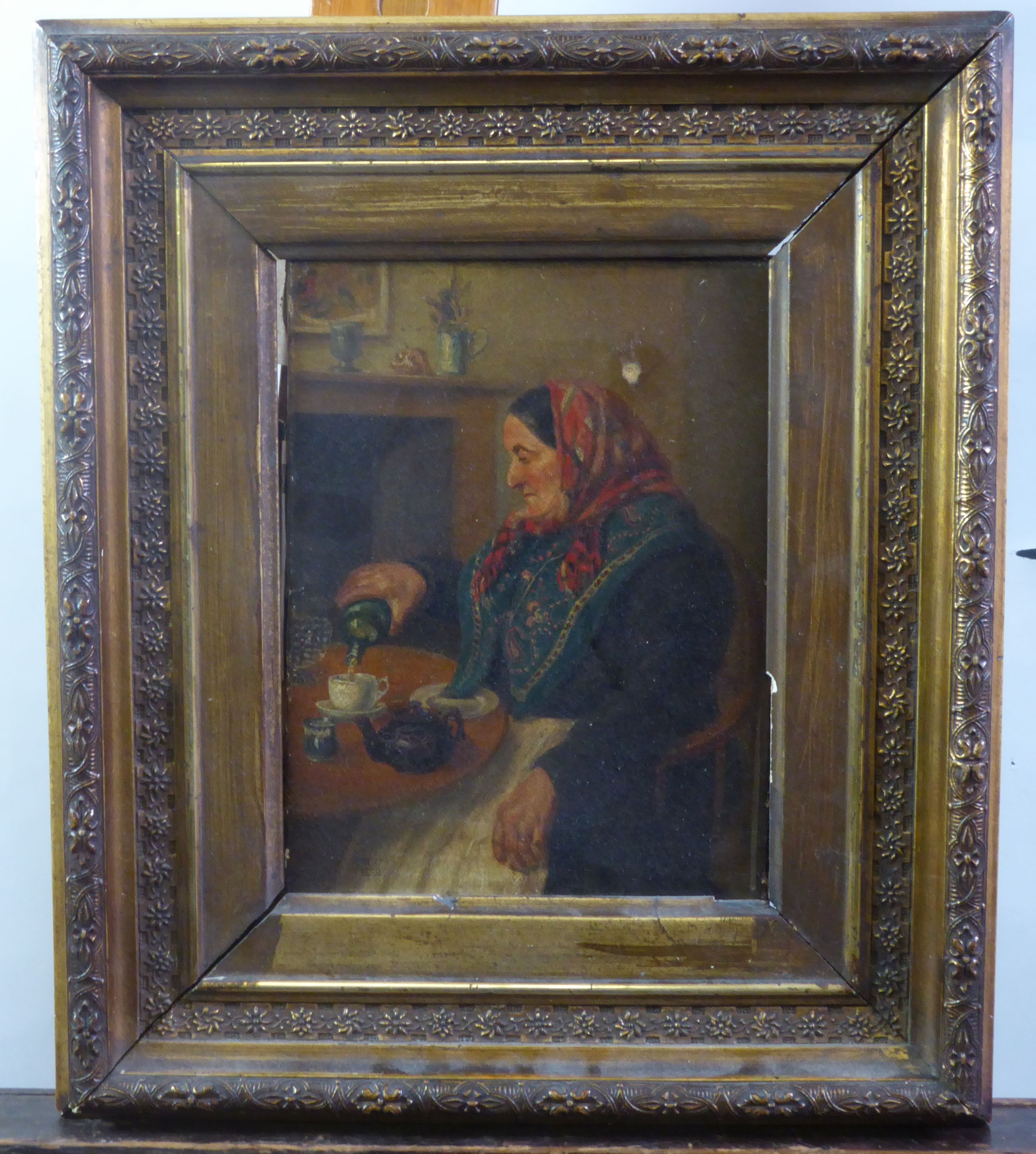 UNATTRIBUTED (NINETEENTH CENTURY BRITISH SCHOOL) OIL ON CANVAS Woman in head scarf sat at a table,