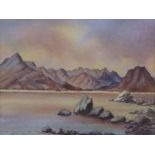 V YOUNG (TWENTIETH/ TWENTY FIRST CENTURY) WATERCOLOUR ‘Sunset, the Cuillin from Elgol’ Signed,