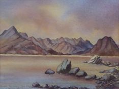 V YOUNG (TWENTIETH/ TWENTY FIRST CENTURY) WATERCOLOUR ‘Sunset, the Cuillin from Elgol’ Signed,