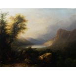 UNATTRIBUTED (NINETEENTH CENTURY) OIL ON RELINED CANVAS Highland lake scene with figure on a country