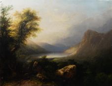UNATTRIBUTED (NINETEENTH CENTURY) OIL ON RELINED CANVAS Highland lake scene with figure on a country