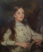 J H SMITH (EARLY TWENTIETH CENTURY) OIL PAINTING ON CANVAS Portrait of a young lady, holding an open