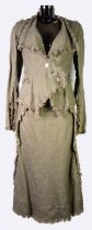 VIVIENNE WESTWOOD ANGLOMANIA: Olive green linen ragged edge skirt suit, cut on the bias, and