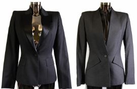 ALEXANDER MCQUEEN: Black wool tuxedo jacket with silk lapels, size 8, plus mid-grey viscose/silk