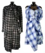VIVIENNE WESTWOOD RED LABEL: Pale blue pixelated plaid cotton dress with neck strap and button