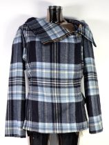 VIVIENNE WESTWOOD: Light blue, black and white tartan virgin wool zip-up jacket with viscose lining,