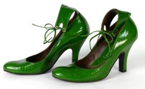 VIVIENNE WESTWOOD: Pair of emerald green pig-skin 3" ghillie heels with laced ankle strap, size 39