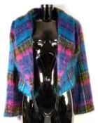 VIVIENNE WESTWOOD GOLD LABEL: Electric blue, fuchsia and yellow mohair tartan jacket with cropped