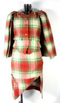 VIVIENNE WESTWOOD RED LABEL: Three piece red, cream, and green wool skirt suit, the waistcoat with